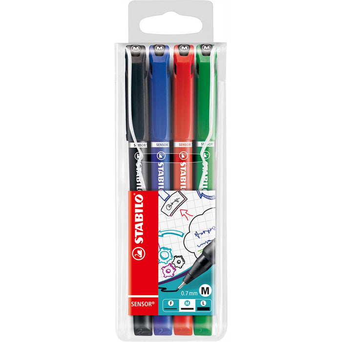 STABILO Fineliner Con Punta Ammortizzata, Stabilo Sensor M, Tratto Medio (0,7 Mm), Astuccio Da 4, Nero/Blu/Rosso/Verde - 187/4