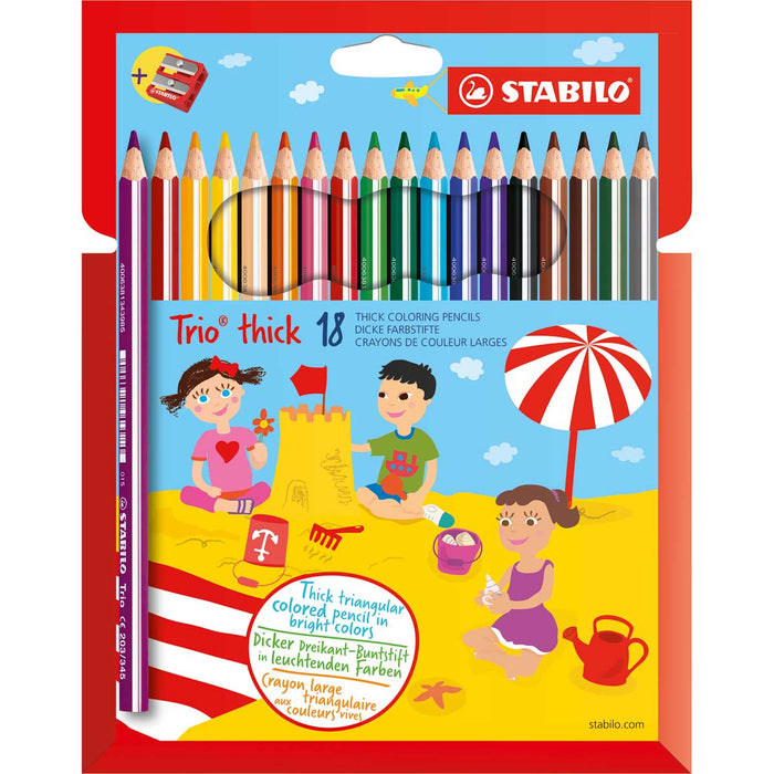 STABILO Matita Colorata Triangolare, Stabilo Trio Thick, Astuccio Da 18 + Temperino, Colori Assortiti - 203/2-18