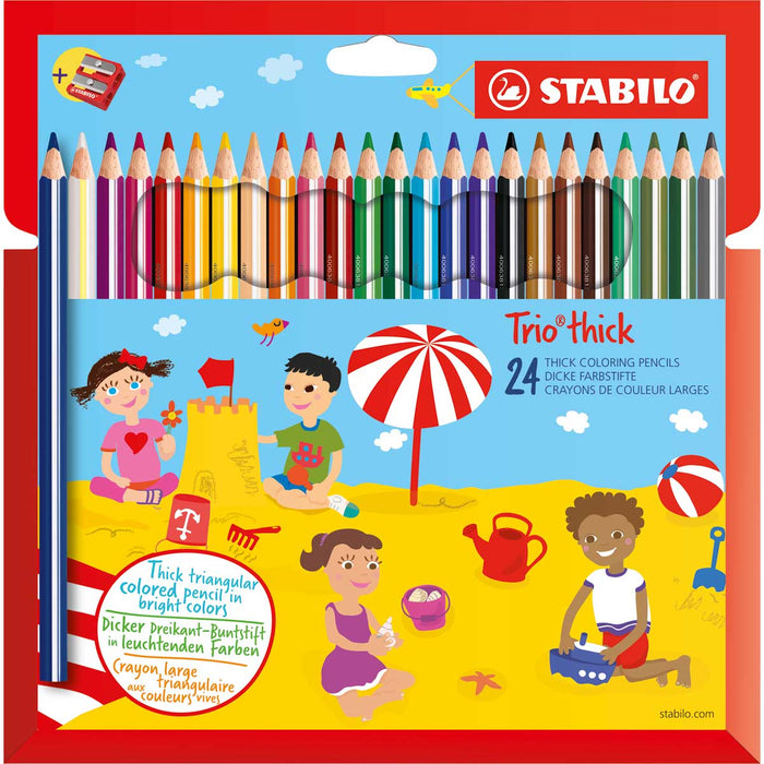 STABILO Matita Colorata Triangolare, Stabilo Trio Thick, Astuccio Da 24 + Temperino, Colori Assortiti - 203/2-24