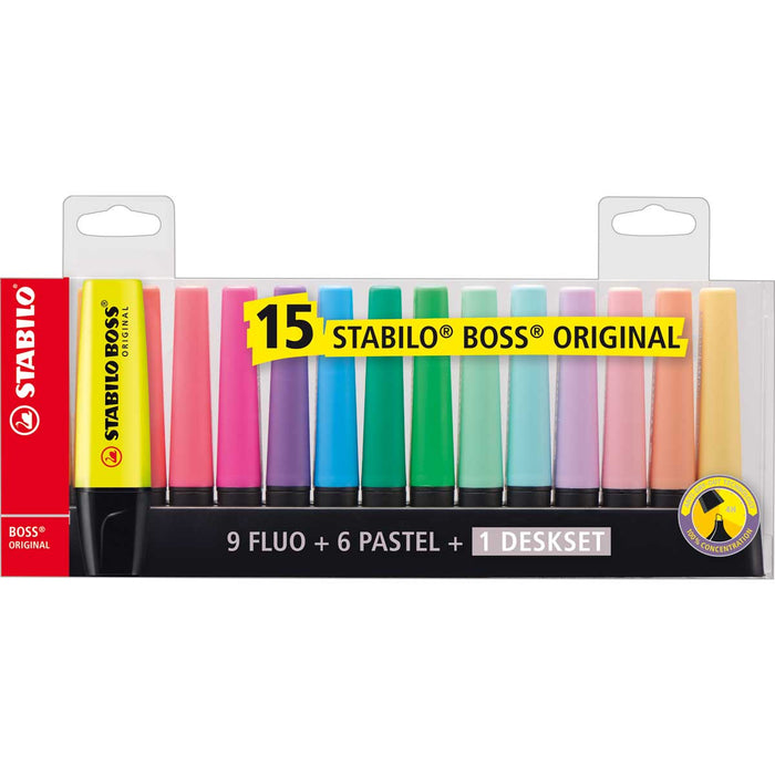 STABILO Evidenziatore, Stabilo Boss Original Desk-Set, 15 Colori Assortiti 9 Neon + 6 Pastel - 7015-01-5