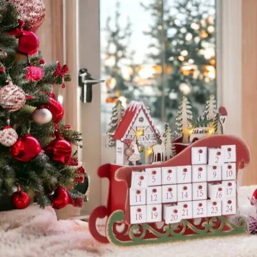 BRANDANI Villaggio Slitta Calendario Dell'Avvento In Legno