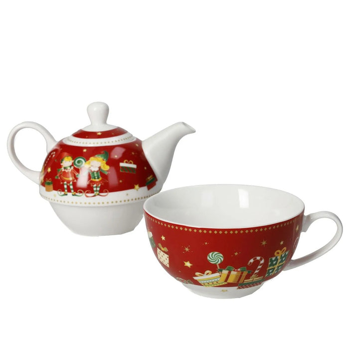 BRANDANI Teiera Con Tazza Elfomagia In New Bone China Rossa