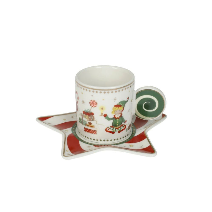 BRANDANI Set 2 Tazzine Da Caffè Con Piattini Elfomagia Bianco E Rosso In New Bone China