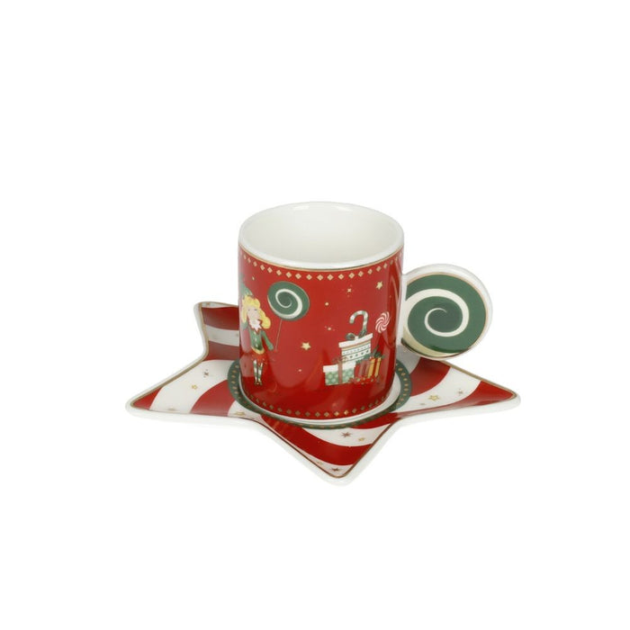 BRANDANI Set 2 Tazzine Da Caffè Con Piattini Elfomagia Bianco E Rosso In New Bone China