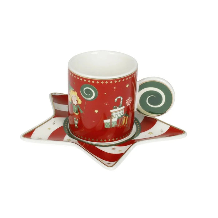 BRANDANI Set 2 Tazze Con Piattini Elfomagia Bianco E Rosso In New Bone China