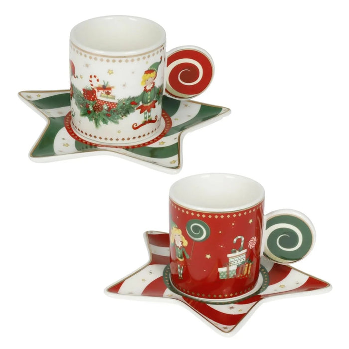 BRANDANI Set 2 Tazze Con Piattini Elfomagia Bianco E Rosso In New Bone China