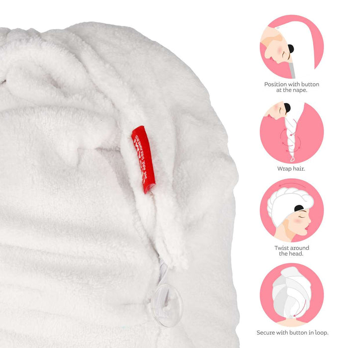 Turbante Asciugacapelli In Microfibra - Asciugamano Con Bottone, 25x65 Cm, Bianco, Lavabile, Super Assorbente - Foto 10