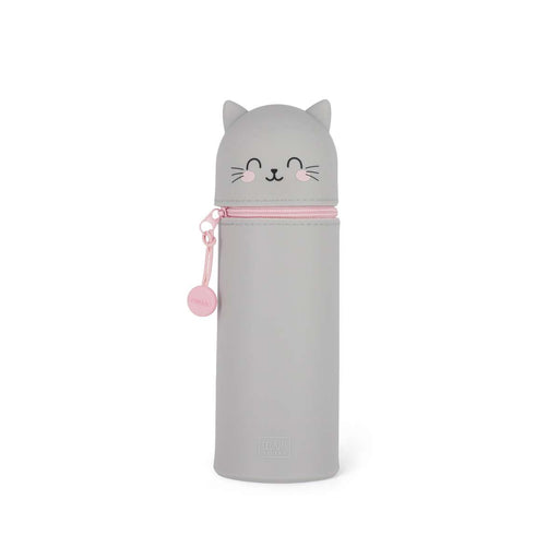 Kawaii Astuccio 2 In 1 In Silicone Morbido A Forma Di Gatto Grigio | Portapenne Da Tavolo Con Cerniera E Corda | 7 Cm X 19,5 Cm