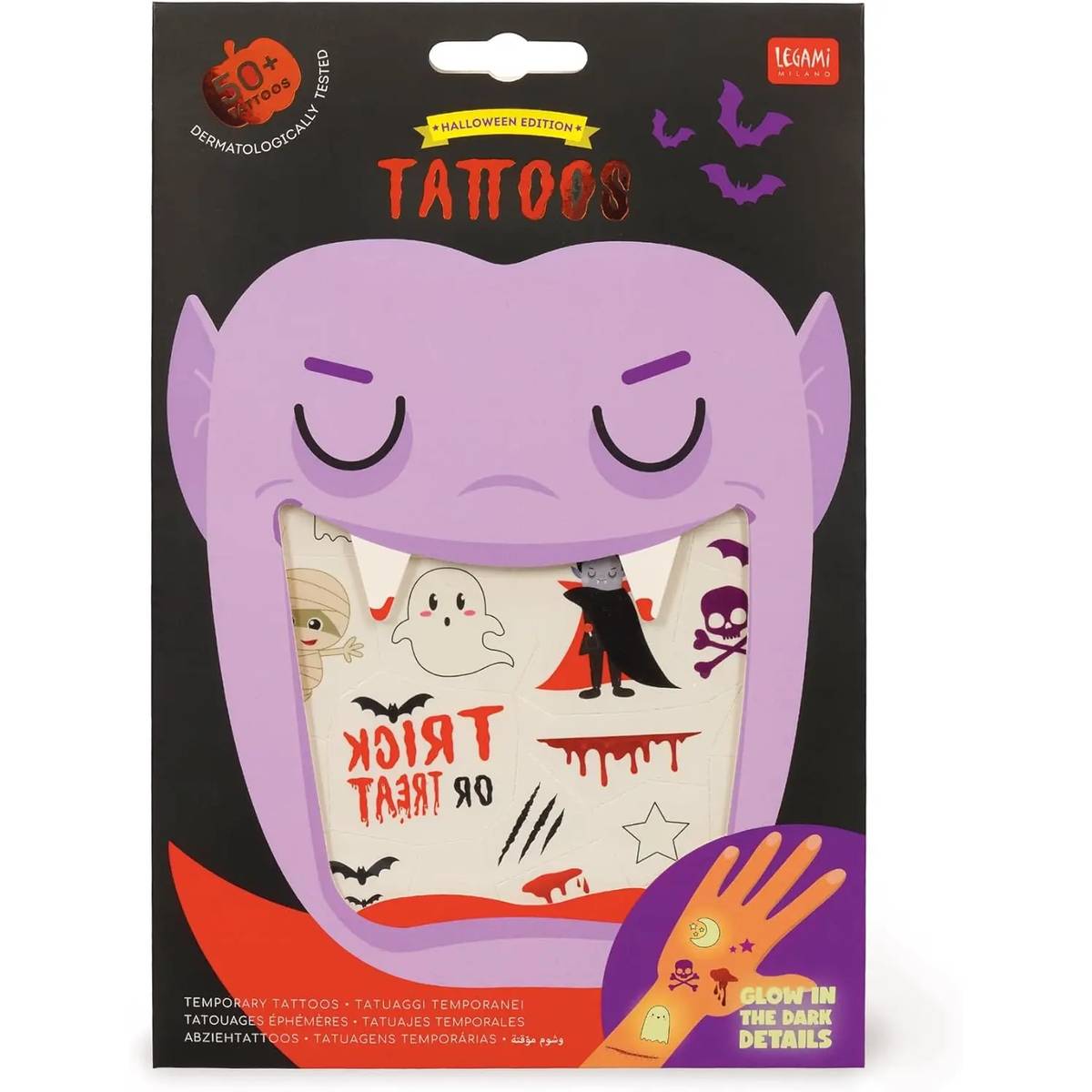 HOWAF Tatuaggi Temporanei Per Bambini 4 Fogli - Glitter E Luminosi Al Buio, Tema Halloween Con Strega, Zucca, Ragno, Pipistrello