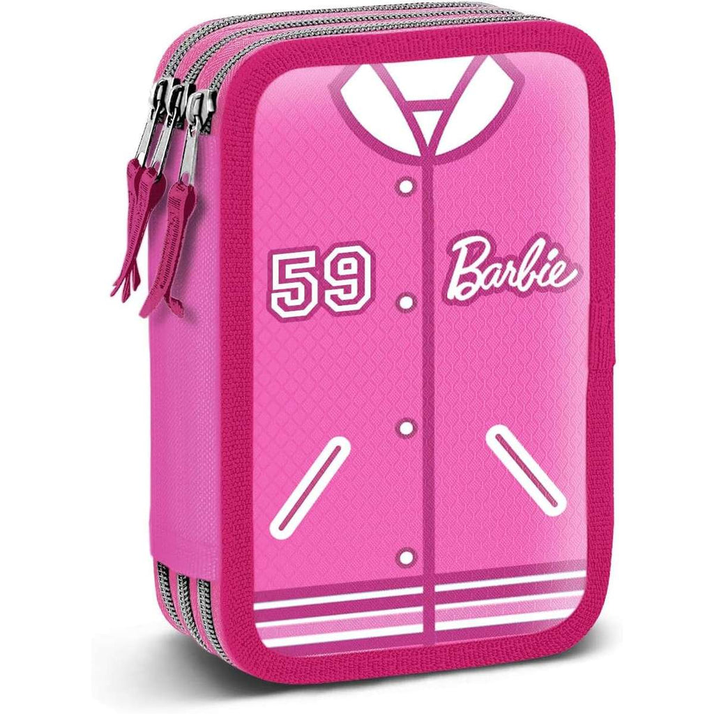 Barbie Giochi Preziosi - Astuccio 3 Scomparti riempito per la scuola elementare, 3 Zip, 43 Accessori scuola inclusi
