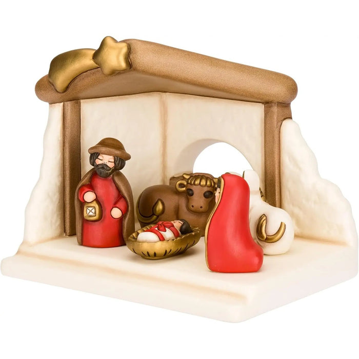 THUN Set Capanna Con Sacra Famiglia, Bue, Asinello In Ceramica Colore Rosso