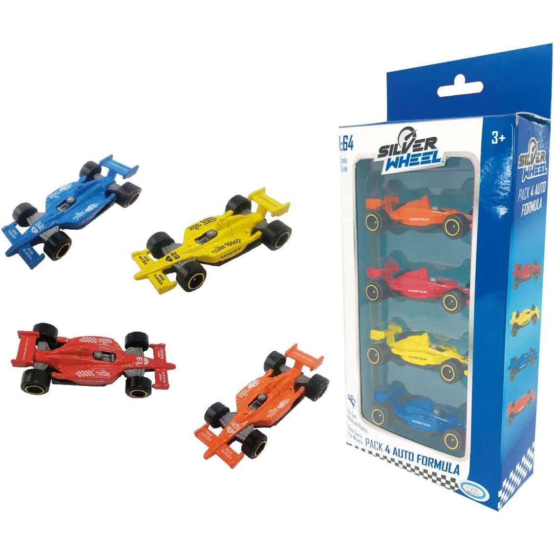 4 Auto Formula Silver Wheel In Scala 1:64 - Macchinine Die-cast Per Bambini Dai 3 Anni